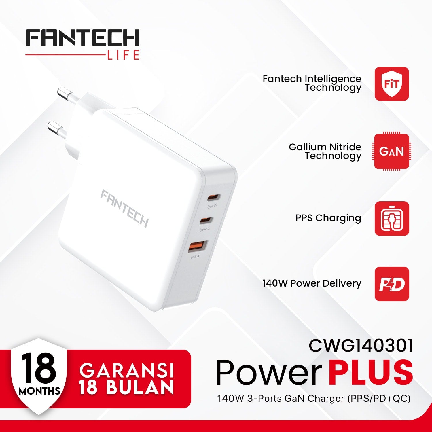 Fantech GAN Charger 140Watt CWG140301 Fast Charging Power Plus 3-Ports - Fantech Indonesia